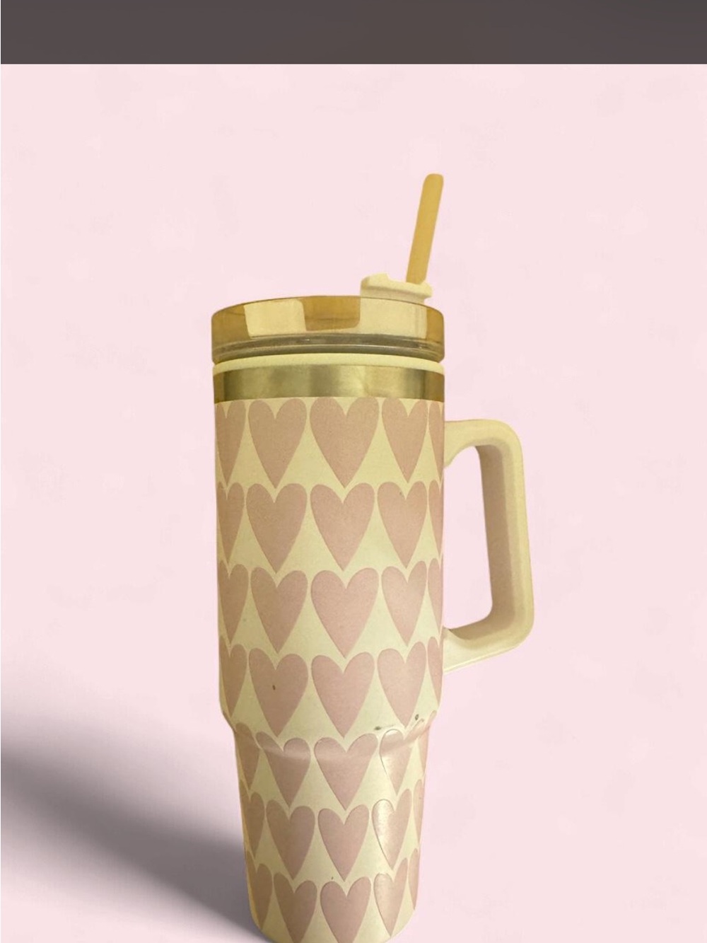 Pink Heart Pattern Insulated Travel Mug with Handle